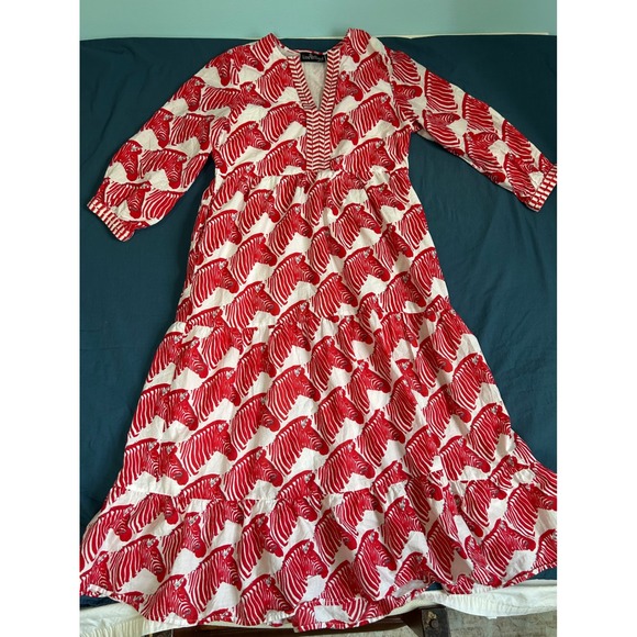 Liza Byrd Dresses & Skirts - Liza Byrd Red White Zebra Print Cotton Maxi Dress Long Sleeve Tiered V-Neck M
